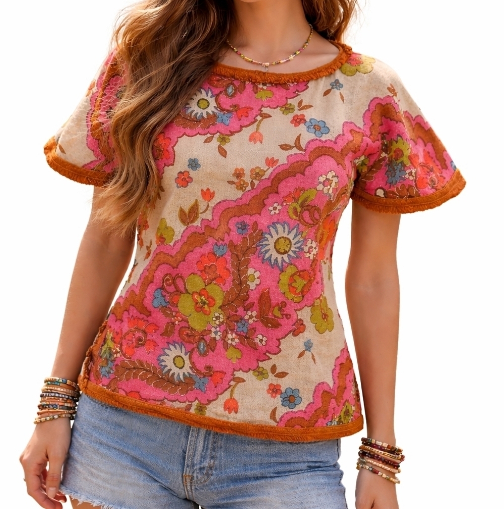 HANDMADE 1960s-1970s Flower Power Mod Burlap Short Sleeve Festival Blouse